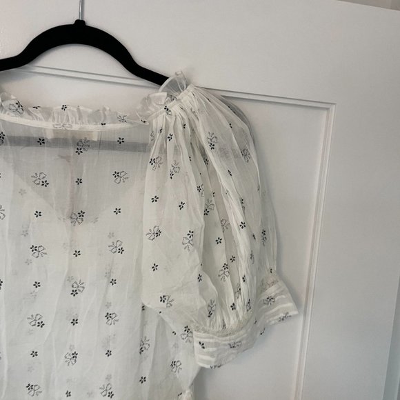 LoveShackFancy Azura Mini Dress White Deep V-neck Puff Sleeves Ruffled Skirt - Picture 11 of 13